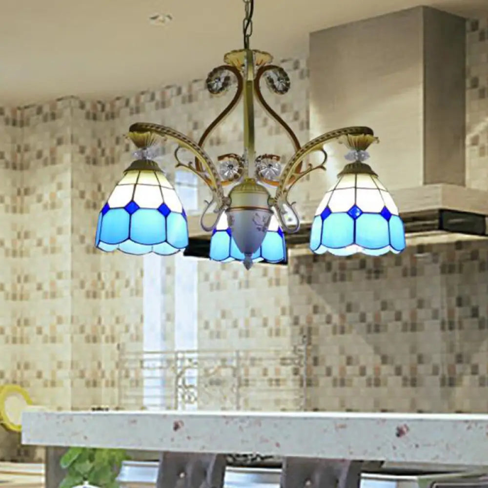 Baroque Grid Cut Glass Pendant Chandelier - 3/5 Lights In Orange/Blue Curved Arm 19’/19.5 Sky