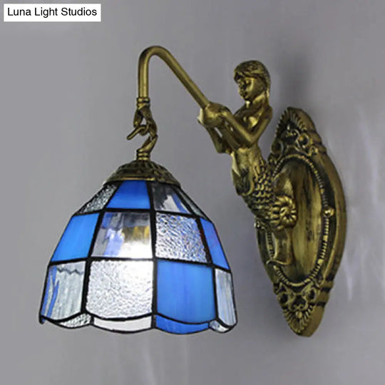 Baroque Grid Patterned Sconce Lighting - White/Blue Glass Wall Mounted Light Fixture For Hallway