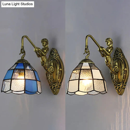 Baroque Grid Patterned Sconce Lighting - White/Blue Glass Wall Mounted Light Fixture For Hallway