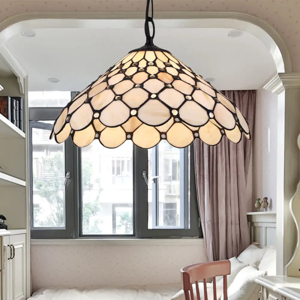 Baroque Hand-Cut Beige Glass Fishscale Pendant Light With Suspension For 1 Bulb