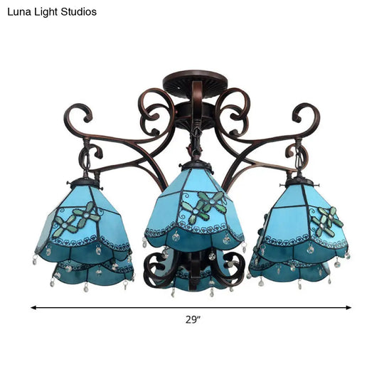 Baroque Hand Cut Glass Flower Chandelier With 6 Blue/Textured Silver Lights For Living Room Ceiling