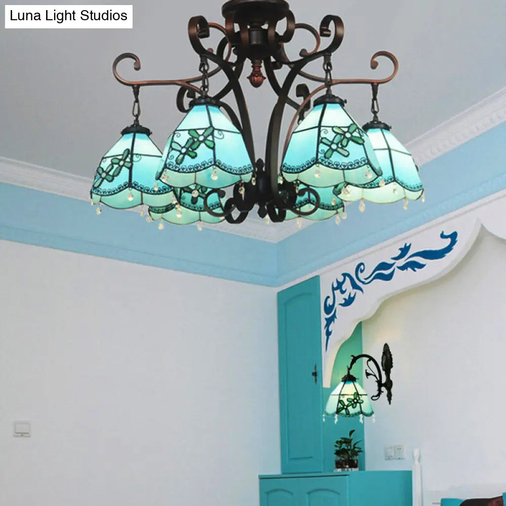 Baroque Hand Cut Glass Flower Chandelier With 6 Blue/Textured Silver Lights For Living Room Ceiling