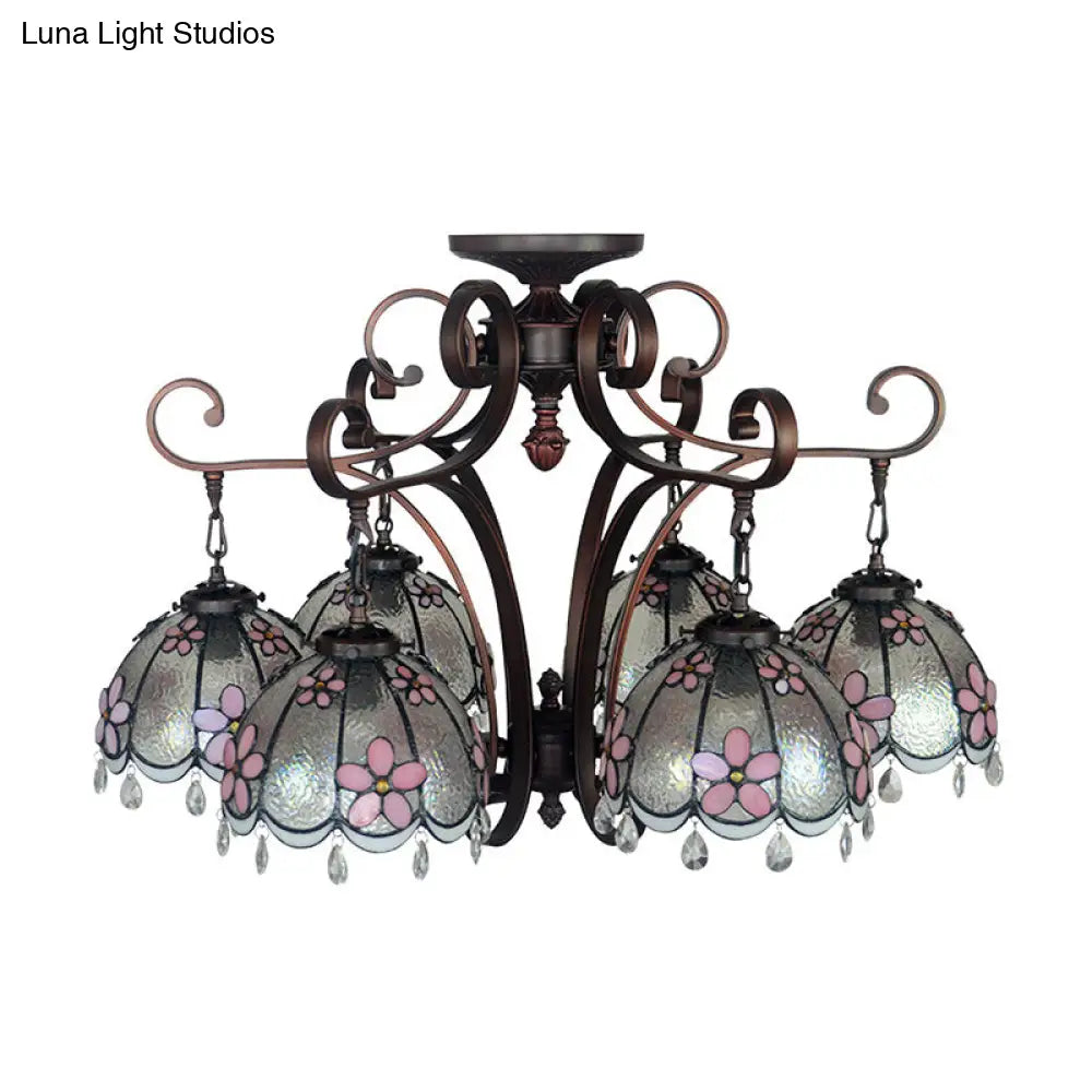 Baroque Hand Cut Glass Flower Chandelier - 6 Lights Blue/Textured Silver Living Room Ceiling Lamp