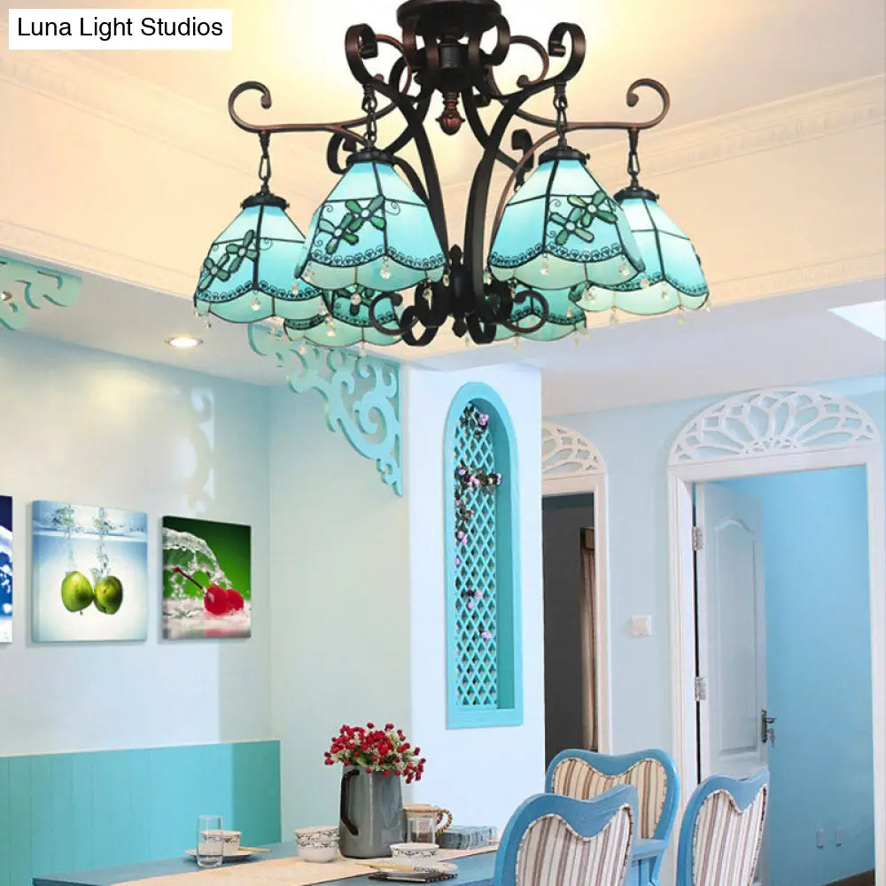 Baroque Hand Cut Glass Flower Chandelier With 6 Blue/Textured Silver Lights For Living Room Ceiling