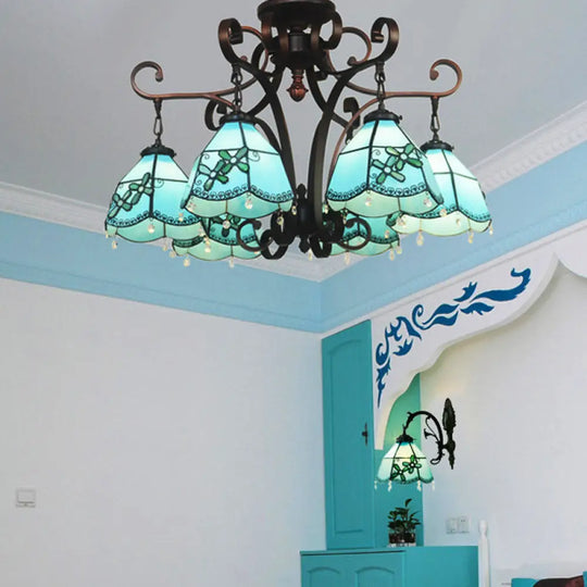 Baroque Hand Cut Glass Flower Chandelier - 6 Lights Blue/Textured Silver Living Room Ceiling Lamp