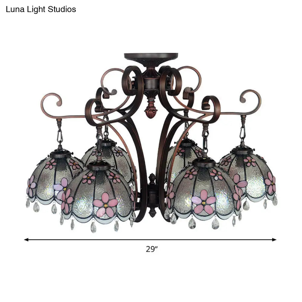 Baroque Hand Cut Glass Flower Chandelier With 6 Blue/Textured Silver Lights For Living Room Ceiling