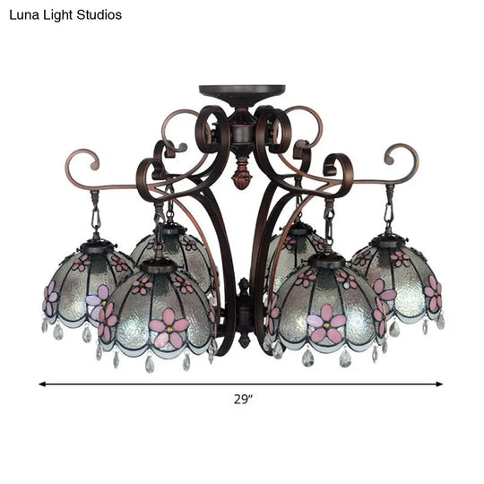 Baroque Hand Cut Glass Flower Chandelier With 6 Blue/Textured Silver Lights For Living Room Ceiling