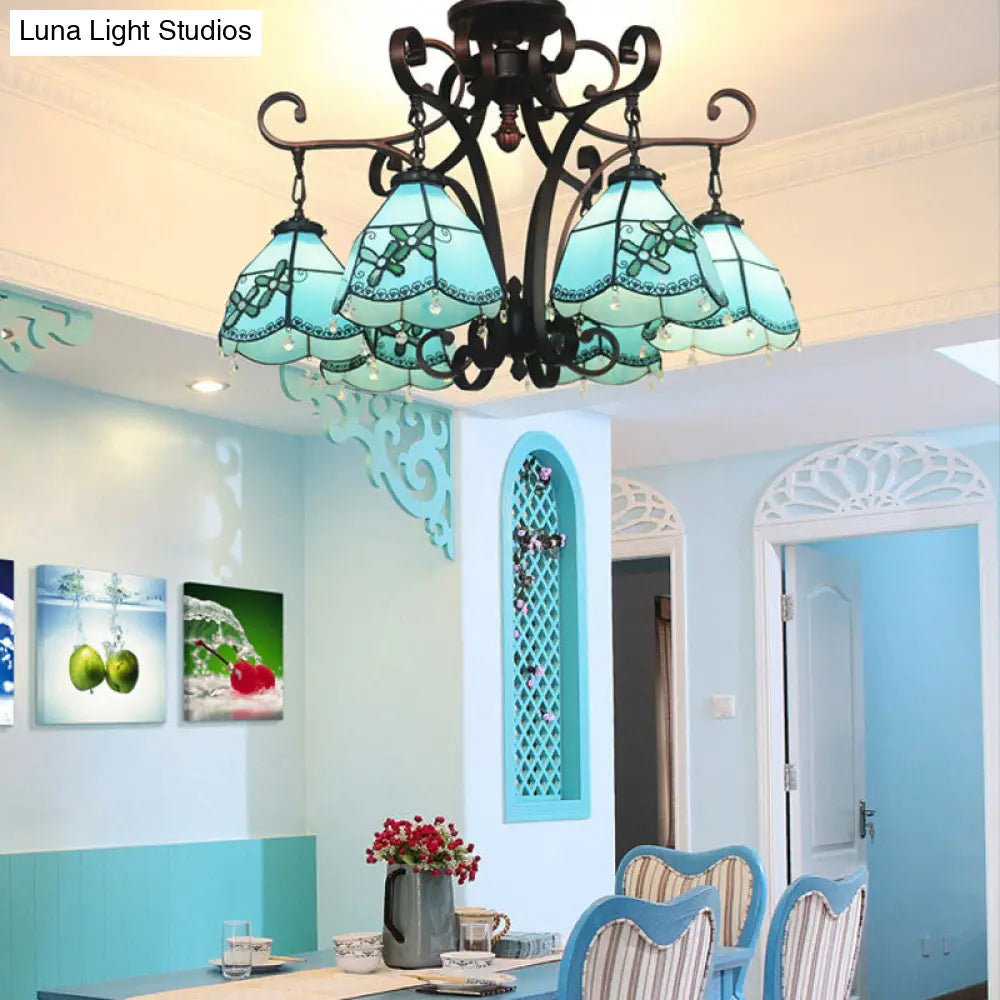 Baroque Hand Cut Glass Flower Chandelier - 6 Lights Blue/Textured Silver Living Room Ceiling Lamp