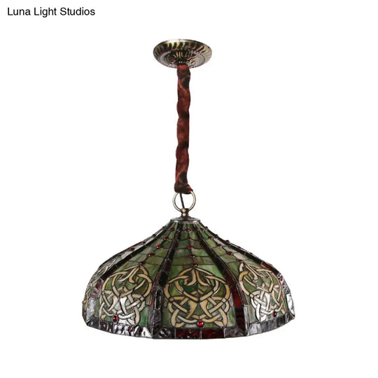 Baroque Hand-Cut Glass Pendant Light: Barn Ceiling Green Chandelier With Beaded Deco- 3 Bulbs