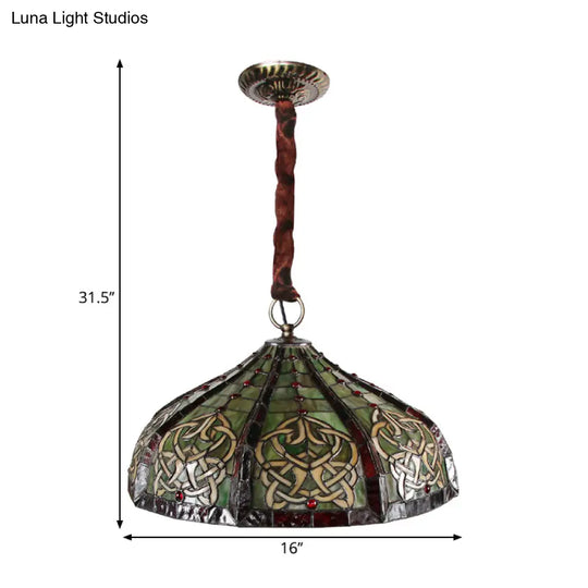 Baroque Hand-Cut Glass Pendant Light: Barn Ceiling Green Chandelier With Beaded Deco- 3 Bulbs