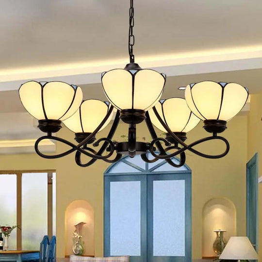 Baroque Hanging Chandelier With Scalloped Glass Shades And Curved Arm - 3/5 Lights In White Yellow