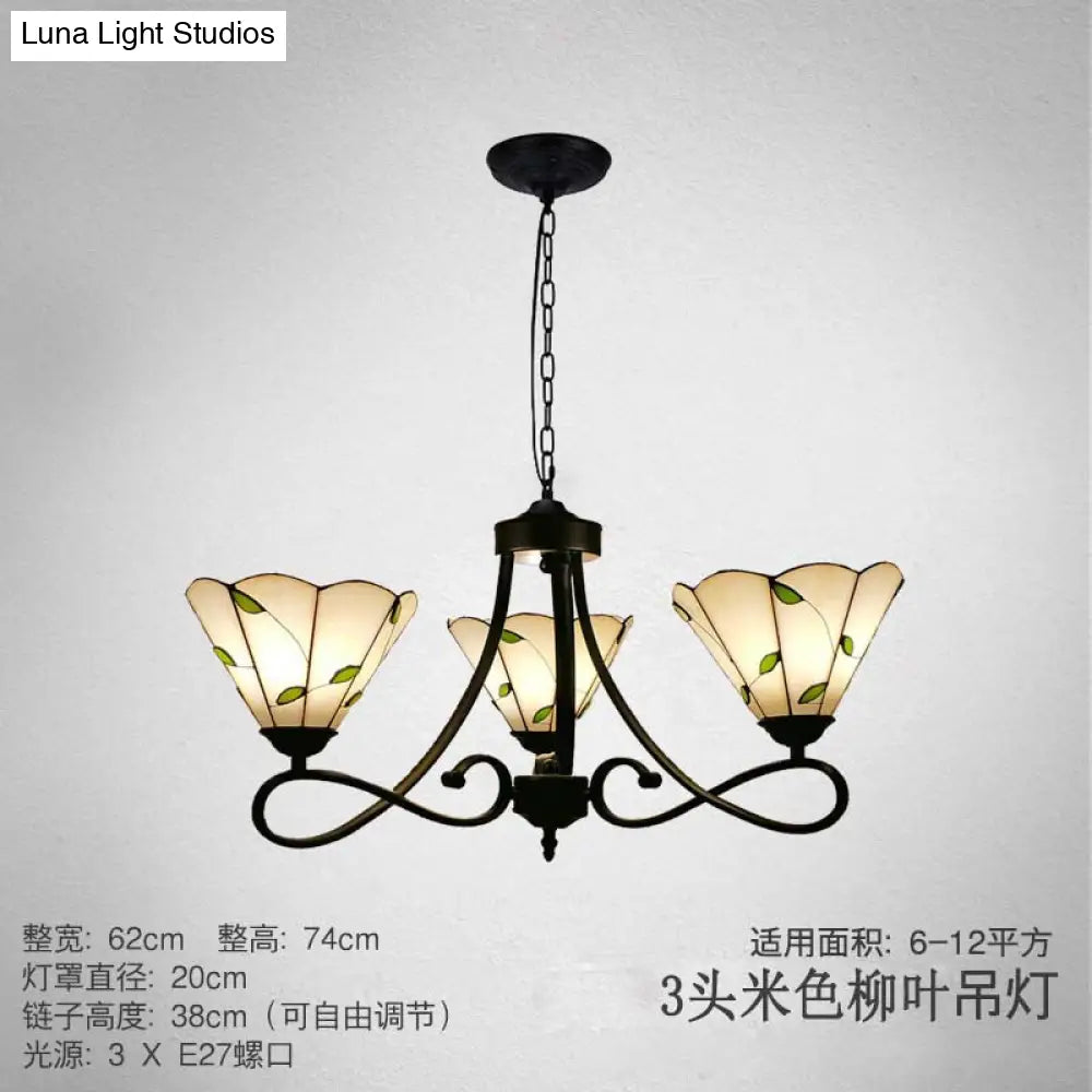 Baroque Scalloped/Cone Hanging Chandelier With Glass Shades - 3/5 Lights White/Yellow/Beige Ideal