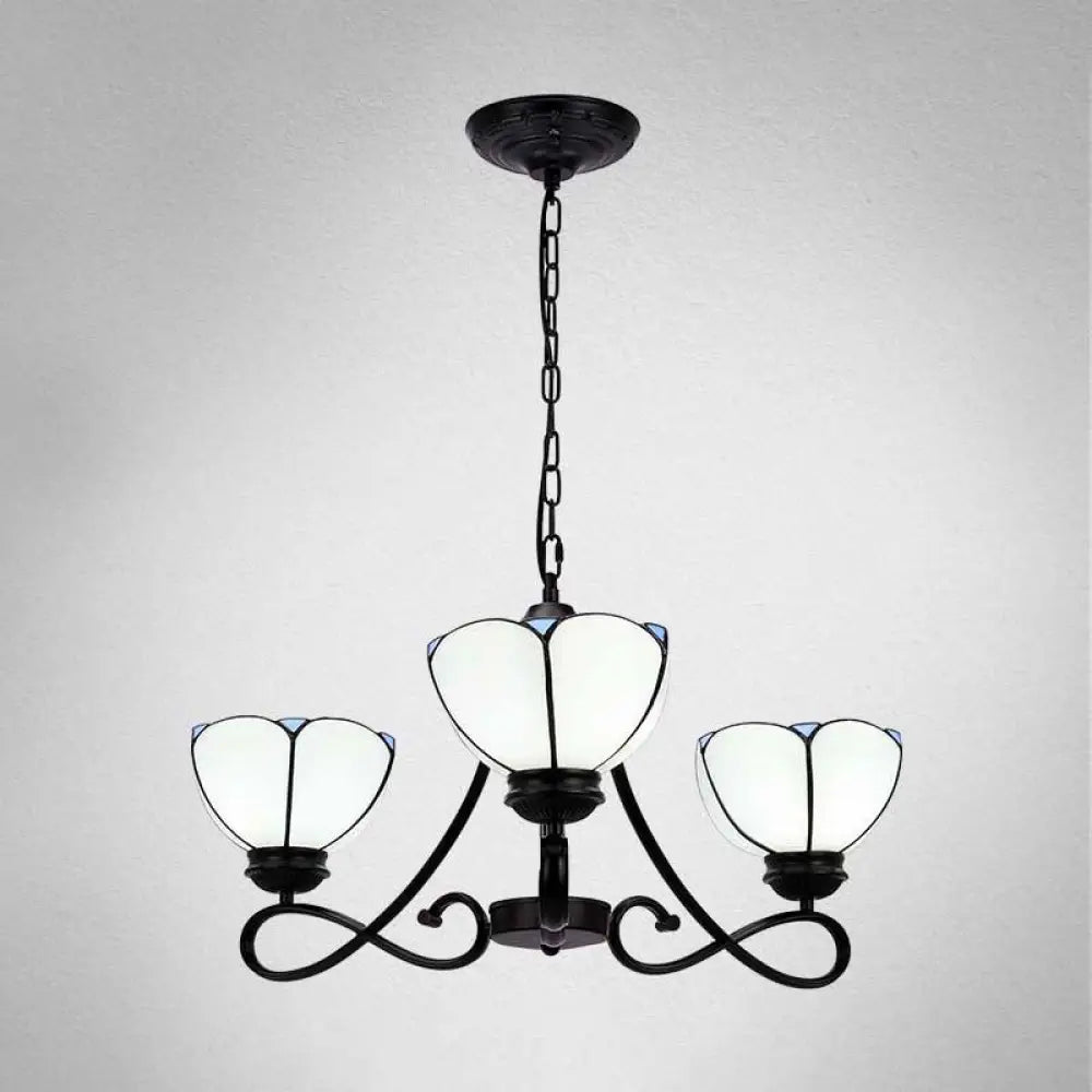 Baroque Hanging Chandelier With Scalloped Glass Shades And Curved Arm - 3/5 Lights In White Yellow