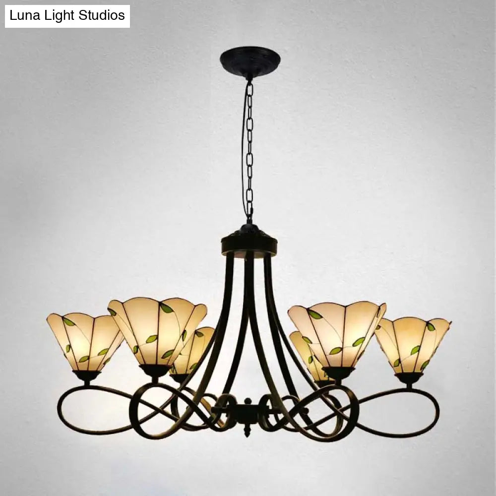 Baroque Hanging Chandelier With Scalloped Glass Shades And Curved Arm - 3/5 Lights In White Yellow