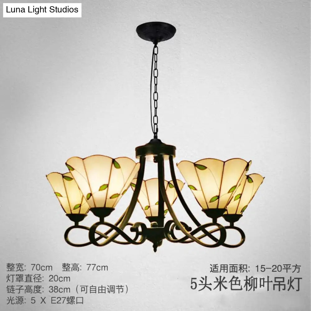 Baroque Scalloped/Cone Hanging Chandelier With Glass Shades - 3/5 Lights White/Yellow/Beige Ideal