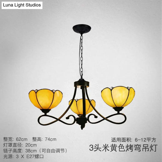 Baroque Scalloped/Cone Hanging Chandelier With Glass Shades - 3/5 Lights White/Yellow/Beige Ideal