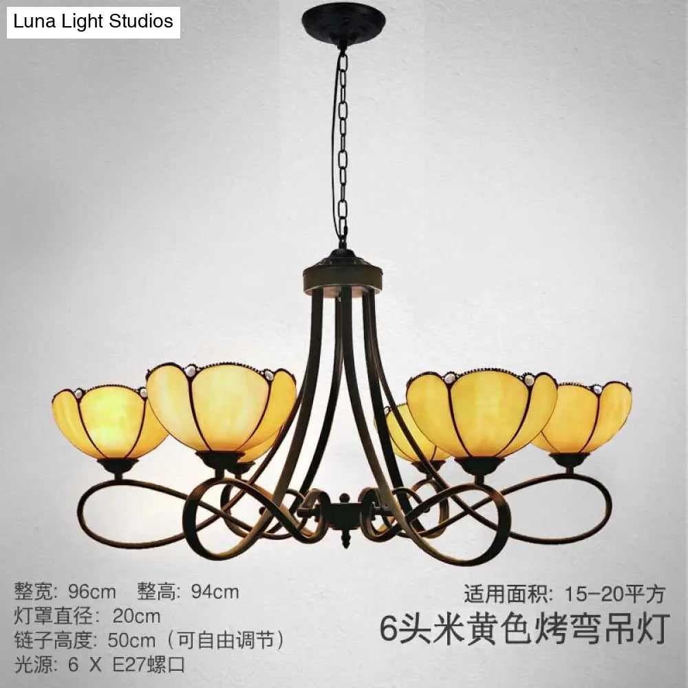 Baroque Scalloped/Cone Hanging Chandelier With Glass Shades - 3/5 Lights White/Yellow/Beige Ideal