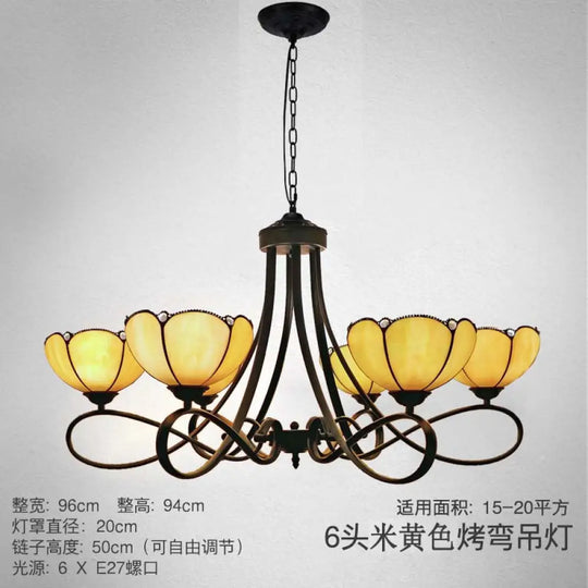 Baroque Hanging Chandelier With Scalloped Glass Shades And Curved Arm - 3/5 Lights In White Yellow