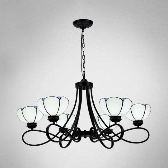 Baroque Hanging Chandelier With Scalloped Glass Shades And Curved Arm - 3/5 Lights In White Yellow