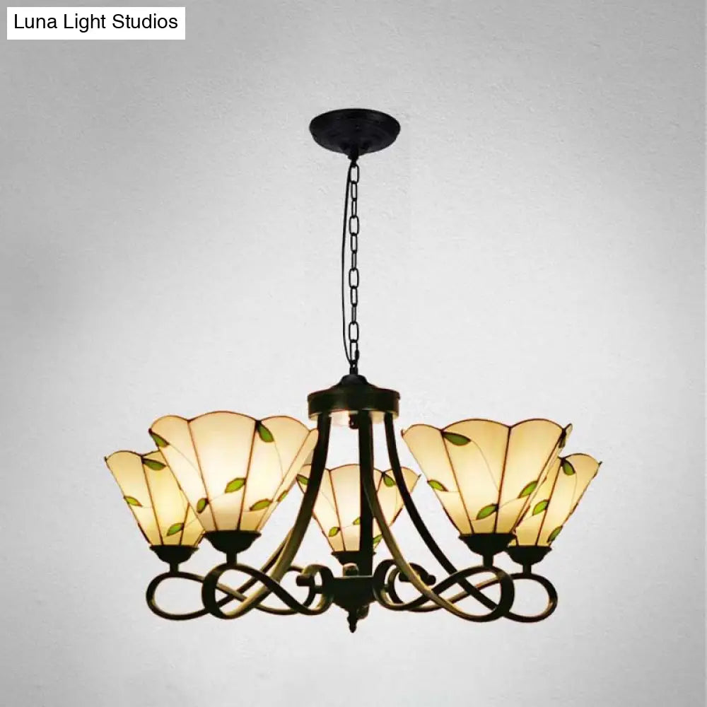 Baroque Hanging Chandelier With Scalloped Glass Shades And Curved Arm - 3/5 Lights In White Yellow