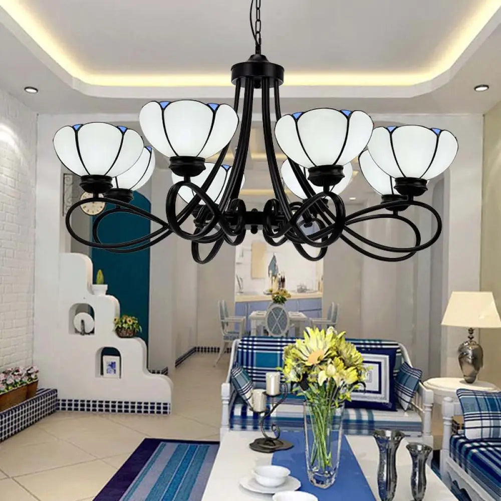 Baroque Hanging Chandelier With Scalloped Glass Shades And Curved Arm - 3/5 Lights In White Yellow