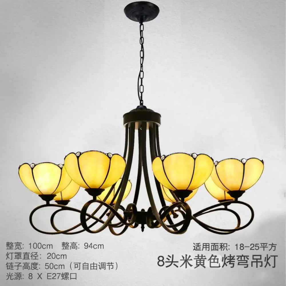 Baroque Hanging Chandelier With Scalloped Glass Shades And Curved Arm - 3/5 Lights In White Yellow