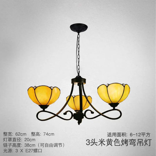 Baroque Hanging Chandelier With Scalloped Glass Shades And Curved Arm - 3/5 Lights In White Yellow