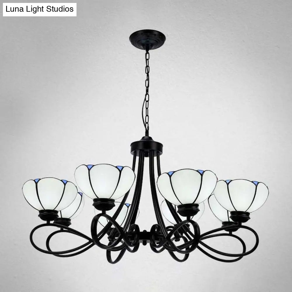 Baroque Hanging Chandelier With Scalloped Glass Shades And Curved Arm - 3/5 Lights In White Yellow