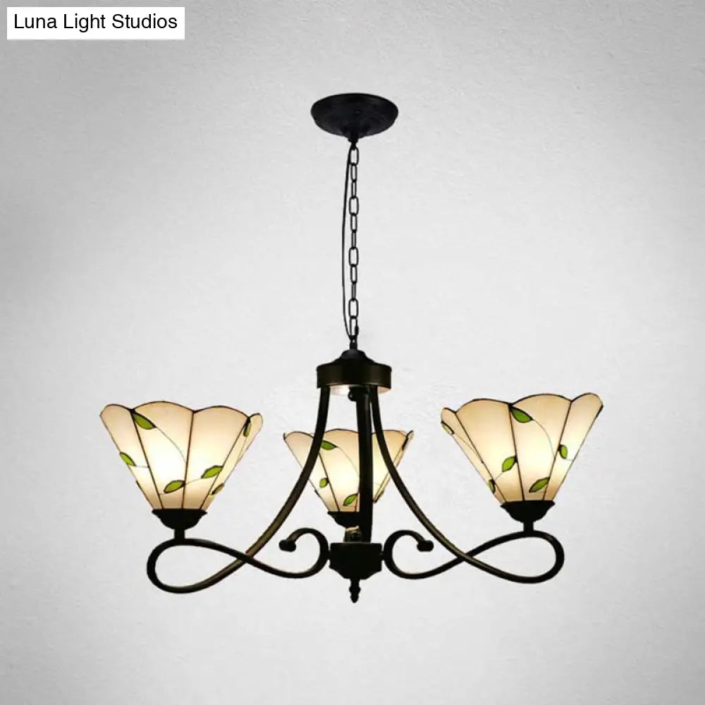 Baroque Hanging Chandelier With Scalloped Glass Shades And Curved Arm - 3/5 Lights In White Yellow