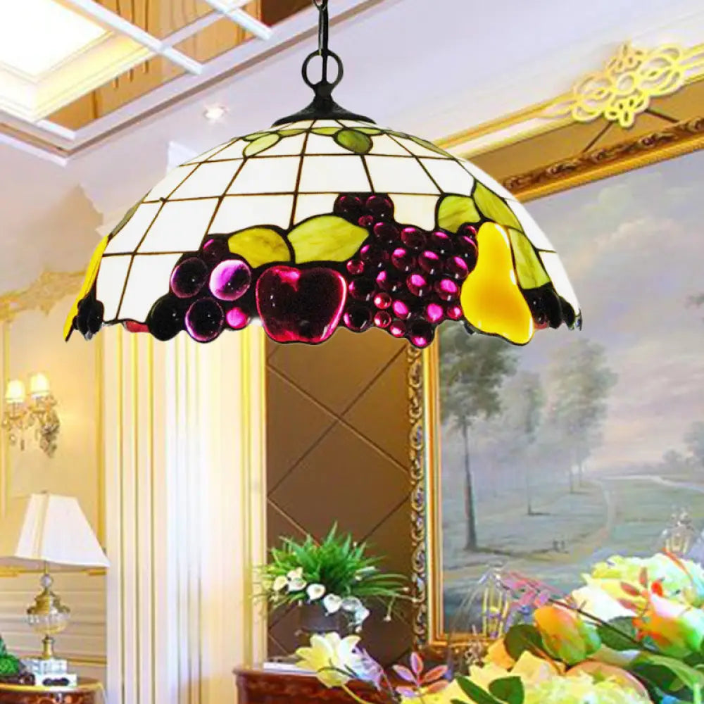 Baroque Hanging Grape White Stained Glass Living Room Suspension Light Fixture - 1 Head