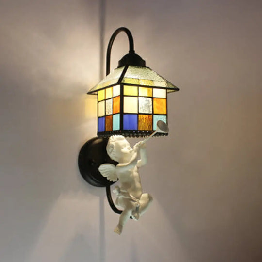 Baroque House Stained Glass Sconce Black Wall Light With Boy/Bird/Angel Decoration / Boy