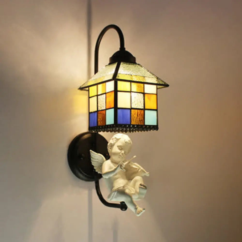 Baroque House Stained Glass Sconce Black Wall Light With Boy/Bird/Angel Decoration / Angel