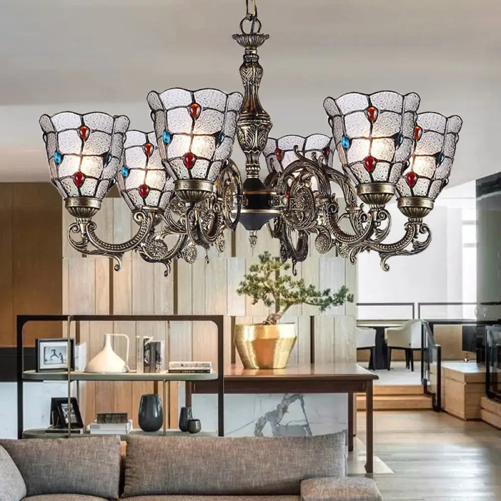 Baroque Jeweled Chandelier Pendant Light With Frosted Glass - Bronze Suspension Fixture (3/6/8