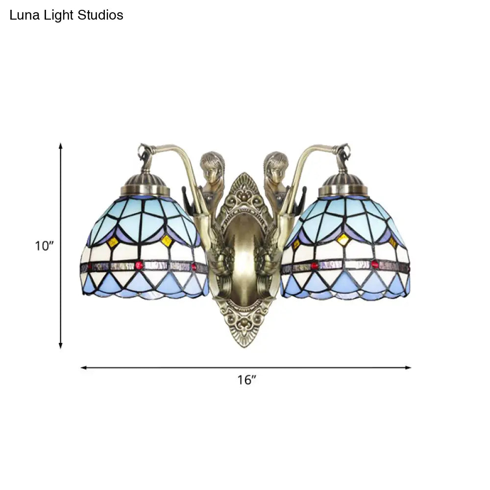 Baroque Mermaid Metal Wall Light With Art Glass Shade - White/Blue Sconce 2-Head Design