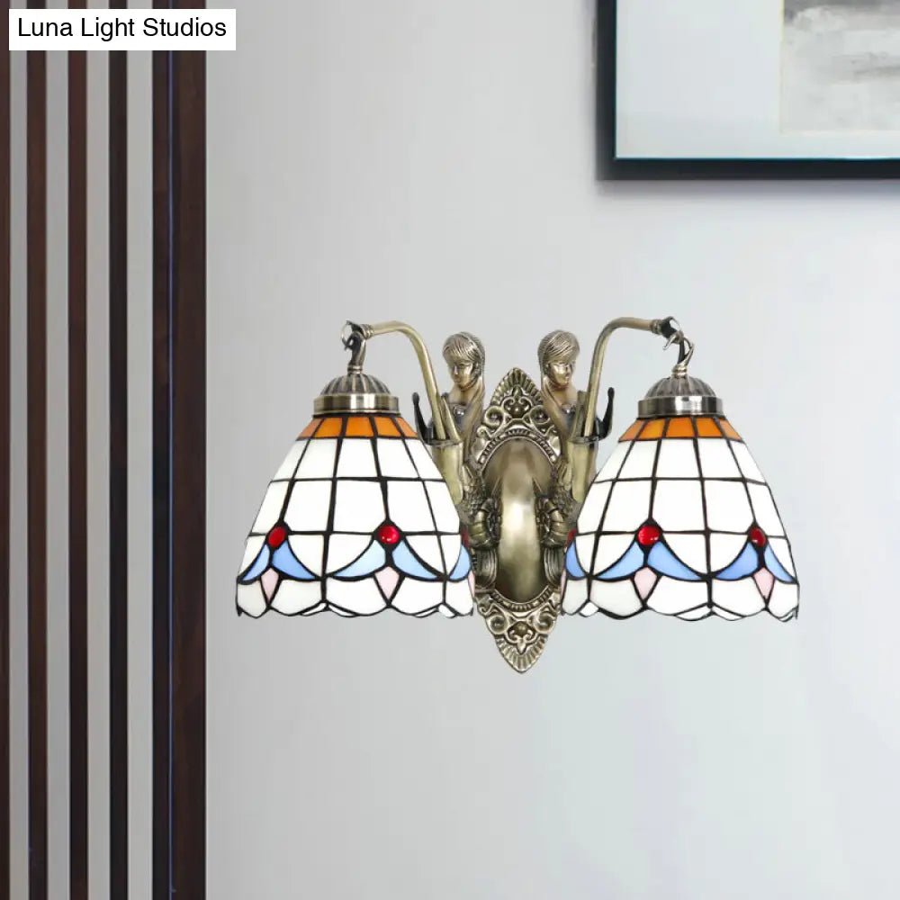 Baroque Mermaid Metal Wall Light With Art Glass Shade - White/Blue Sconce 2-Head Design