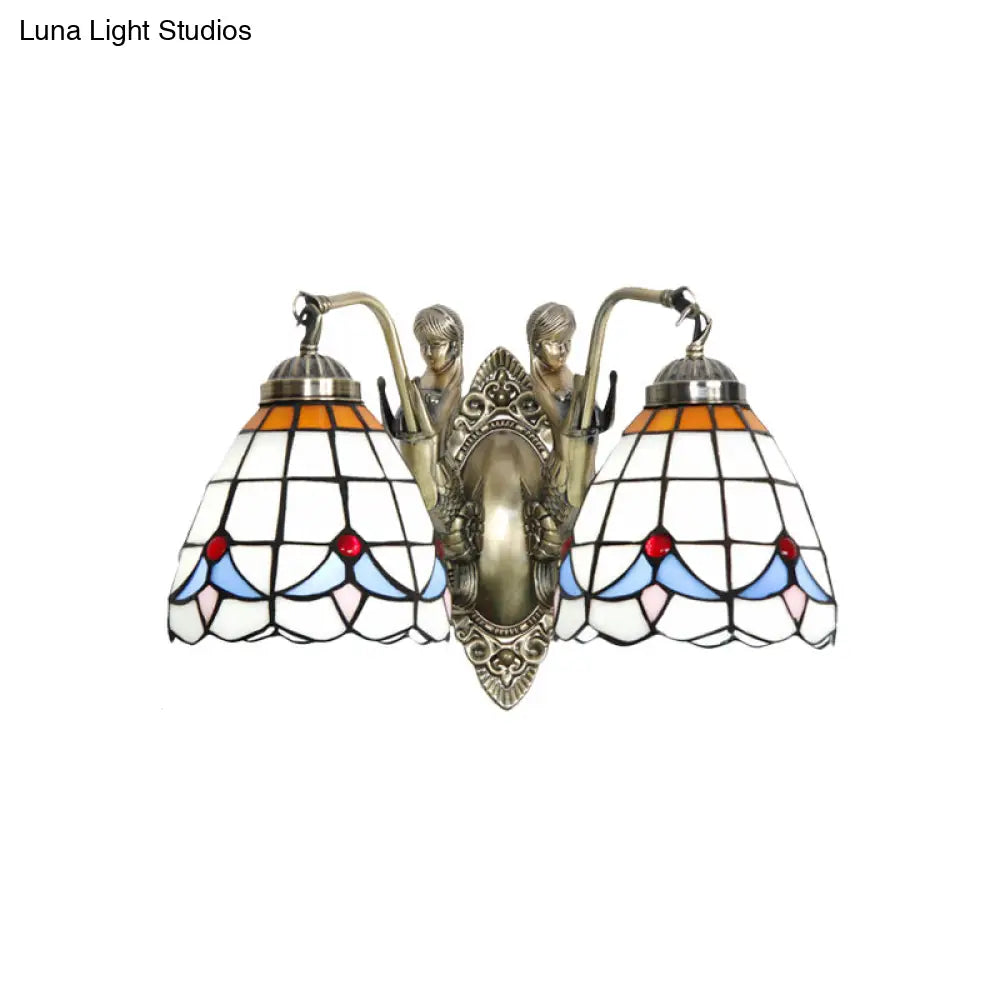 Baroque Mermaid Metal Wall Light With Art Glass Shade - White/Blue Sconce 2-Head Design