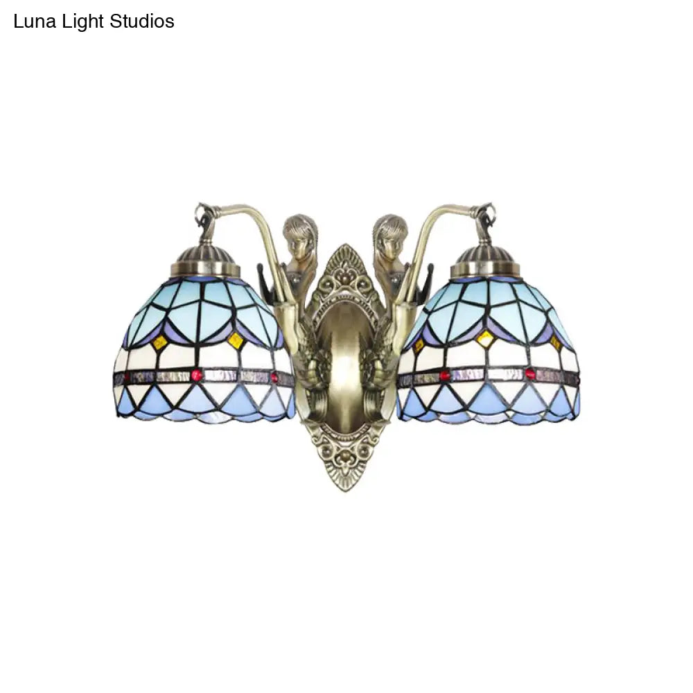 Baroque Mermaid Metal Wall Light With Art Glass Shade - White/Blue Sconce 2-Head Design