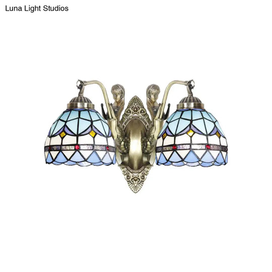 Baroque Mermaid Metal Wall Light With Art Glass Shade - White/Blue Sconce 2-Head Design