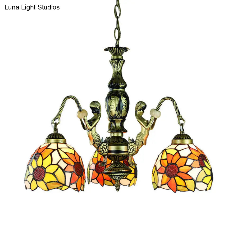 Baroque Orange Chandelier Pendant Light With Stained Glass Shade - 3-Light Dining Room Ceiling Lamp