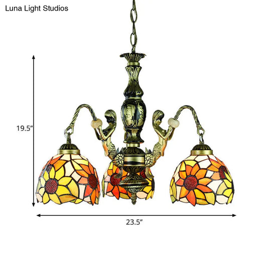 Baroque Orange Chandelier Pendant Light With Stained Glass Shade - 3-Light Dining Room Ceiling Lamp