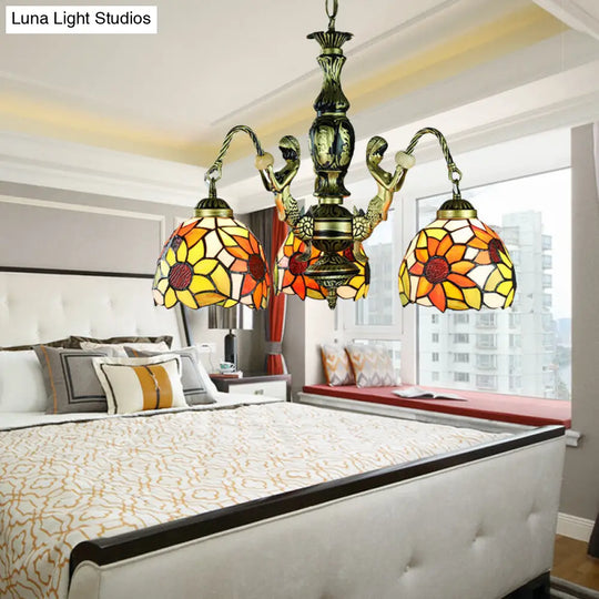 Baroque Orange Chandelier Pendant Light With Stained Glass Shade - 3-Light Dining Room Ceiling Lamp