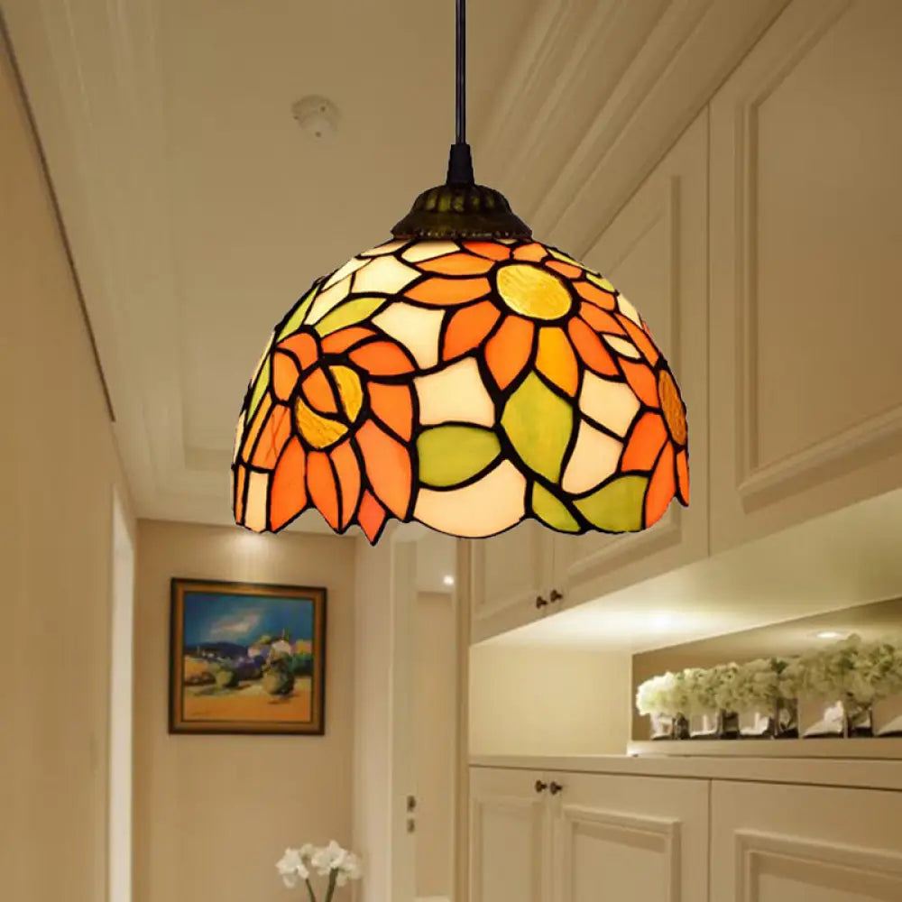 Baroque Orange Living Room Suspension Lighting Fixture With Stained Art Glass Shade