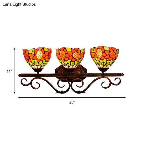 Baroque Orange Stained Glass Sconce Light With Sunflower Pattern - 3-Head Bowl Wall Fixture