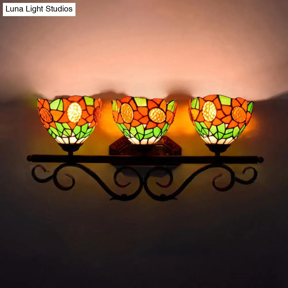 Baroque Orange Stained Glass Sconce Light With Sunflower Pattern - 3-Head Bowl Wall Fixture