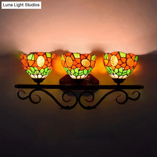 Baroque Orange Stained Glass Sconce Light With Sunflower Pattern - 3-Head Bowl Wall Fixture