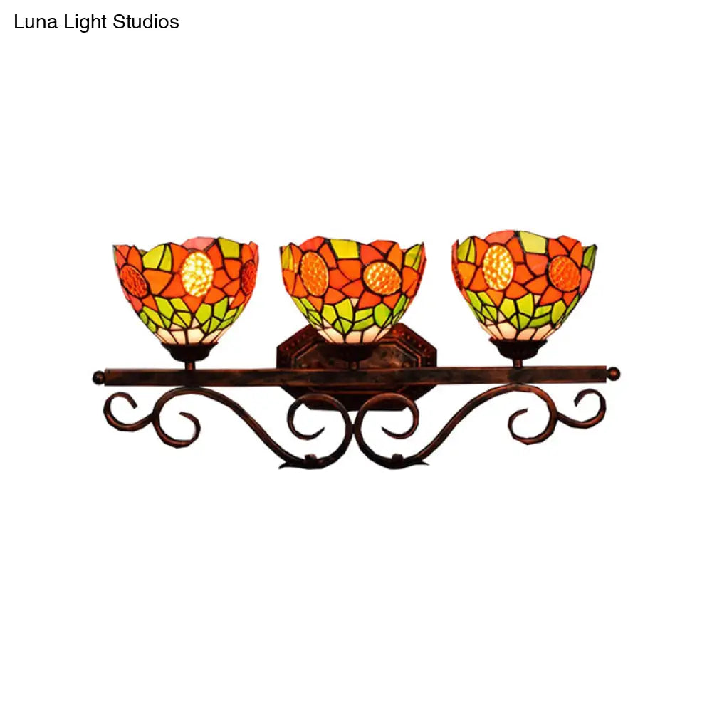 Baroque Orange Stained Glass Sconce Light With Sunflower Pattern - 3-Head Bowl Wall Fixture