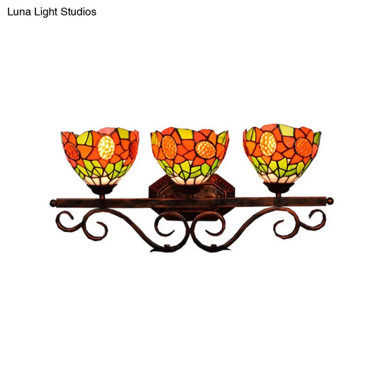 Baroque Orange Stained Glass Sconce Light With Sunflower Pattern - 3-Head Bowl Wall Fixture