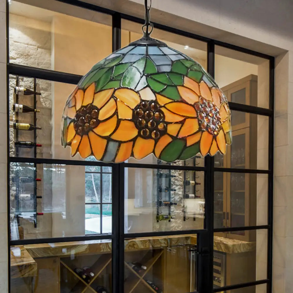 Baroque Pendant Light Kit: Sunflower Hanging Lamp With Orange Stained Glass - Ideal For Restaurants