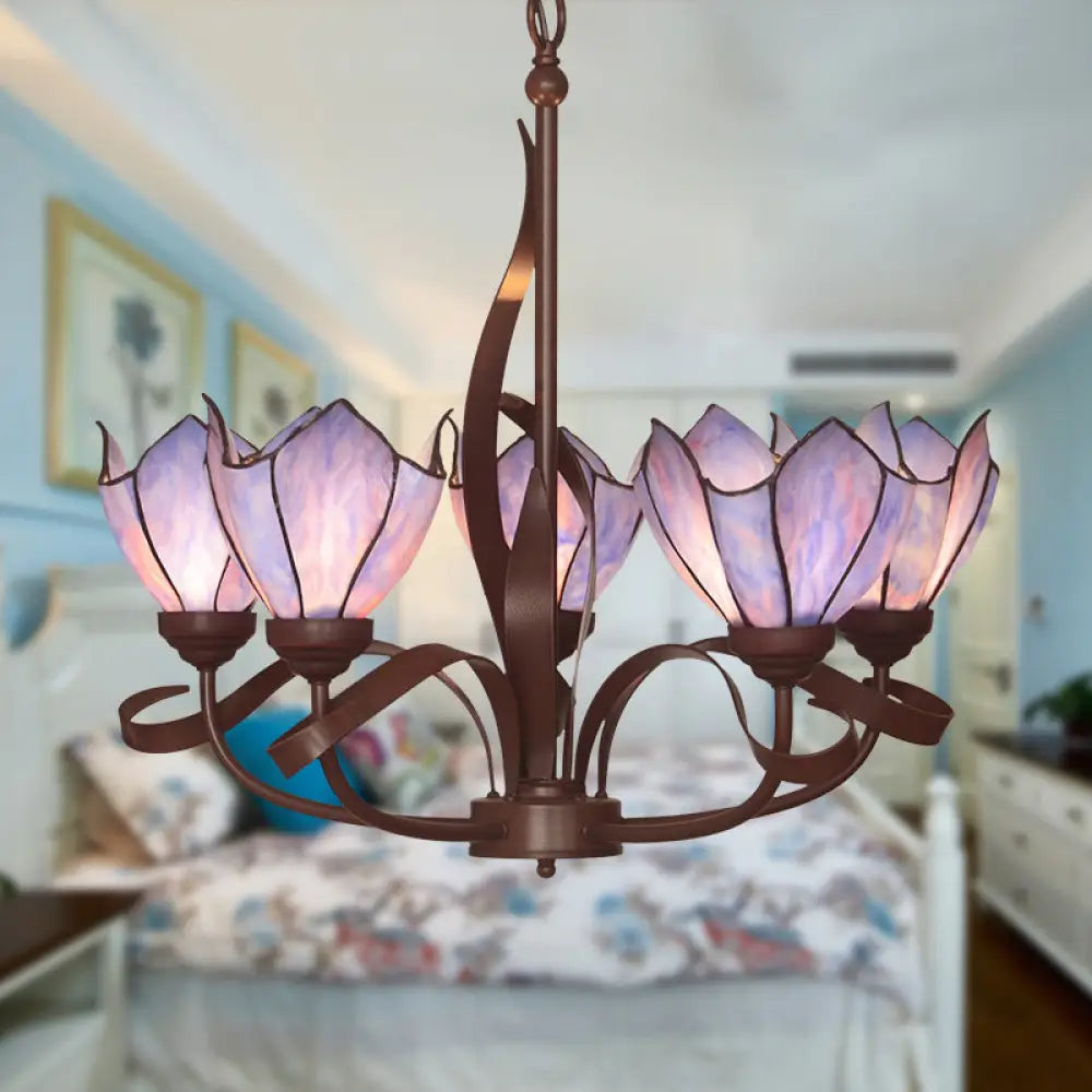 Baroque Pink/Purple Floral Chandelier Pendant - Bronze 3/5 Lights Kitchen Lamp 5 / Purple