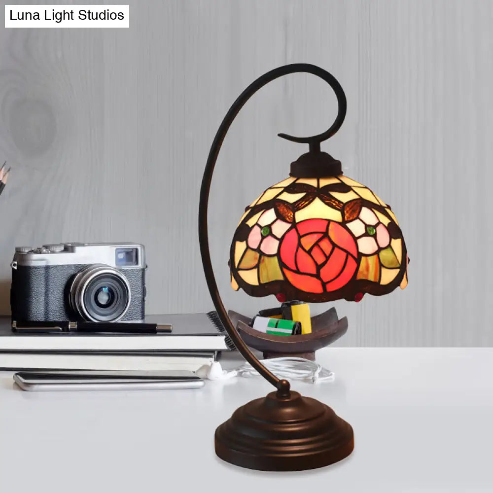 Baroque Red/Pink/Brown Cut Glass Domed Table Lamp With Curvy Arm